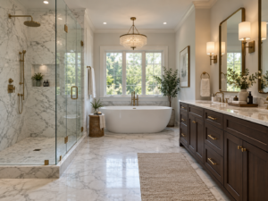 A luxurious primary bathroom remodel in a Huntingdon Valley home featuring a large glass-enclosed wet room, a freestanding soaking tub, and a custom floating double vanity.