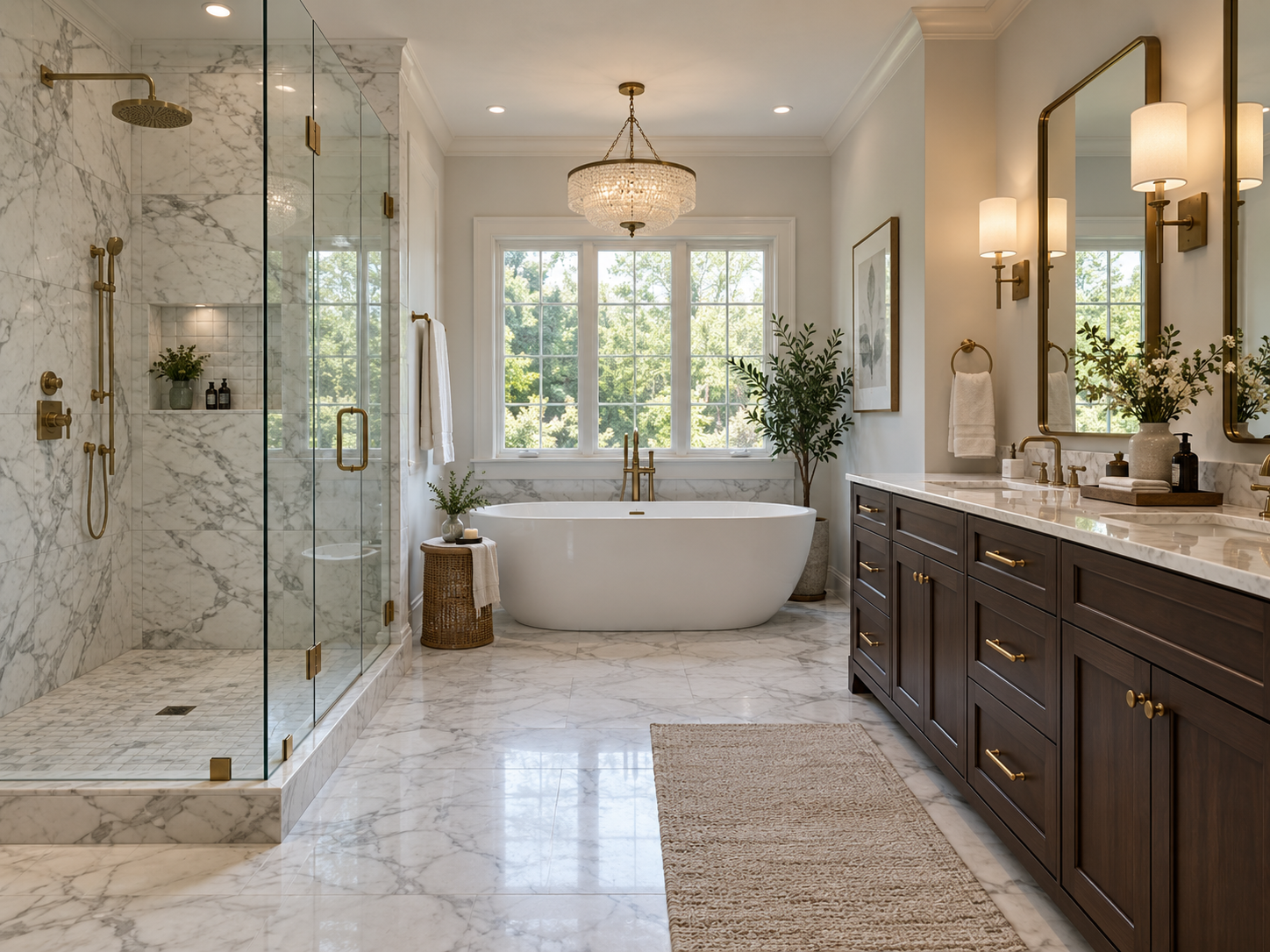 A luxurious primary bathroom remodel in a Huntingdon Valley home featuring a large glass-enclosed wet room, a freestanding soaking tub, and a custom floating double vanity.