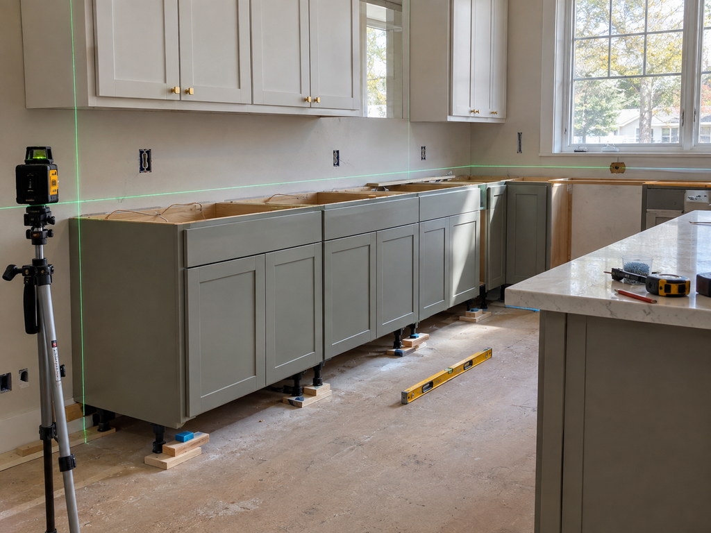 Professional cabinet installation uneven floor Montgomery County detail for Huntingdon Valley Kitchen & Bath Remodelers in Huntingdon Valley