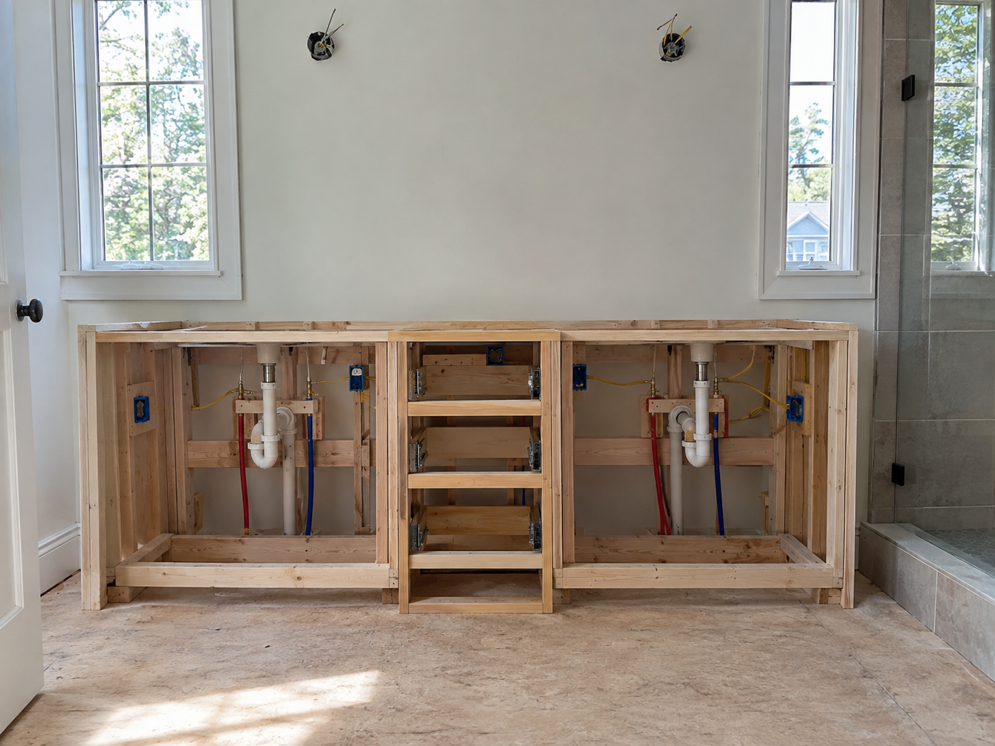 Professional double vanity plumbing drawer clearance detail for Huntingdon Valley Kitchen & Bath Remodelers in Huntingdon Valley