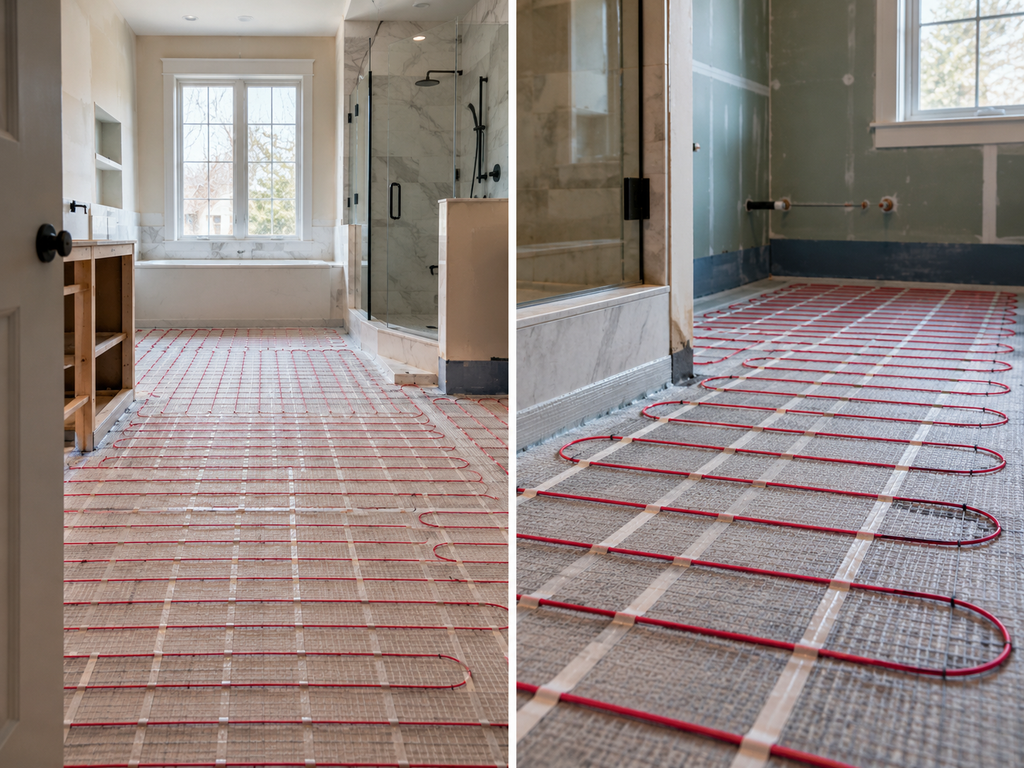 Heated tile bathroom floor installation during a Huntingdon Valley bathroom remodel