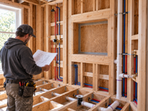 Bathroom plumbing layout planning during a Huntingdon Valley remodel