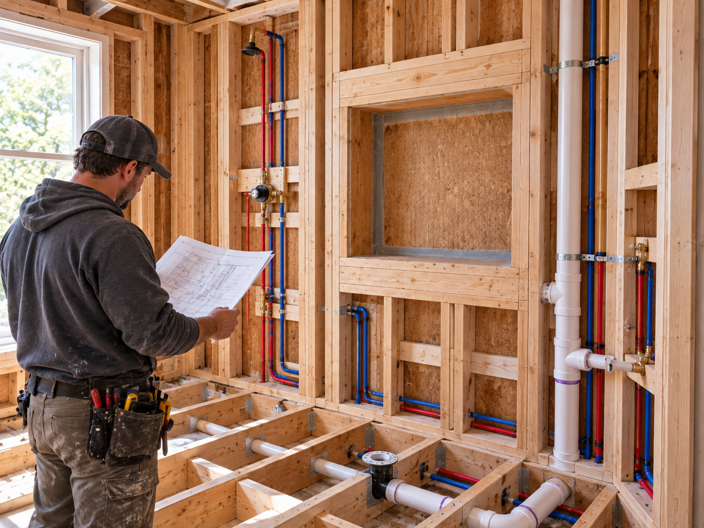 Bathroom plumbing layout planning during a Huntingdon Valley remodel