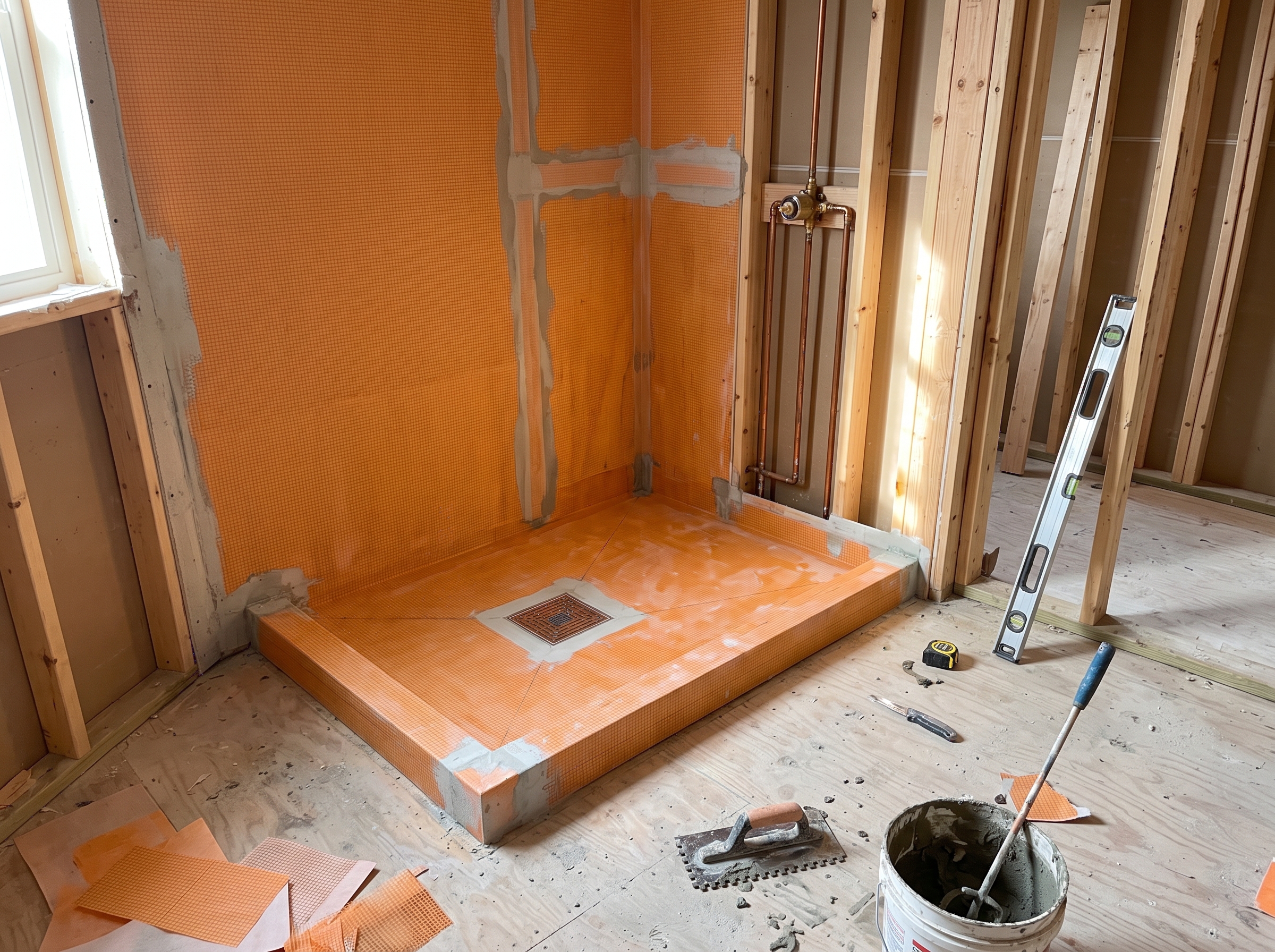 Shower waterproofing system detail for residential work in Huntingdon Valley, Abington and Jenkintown.