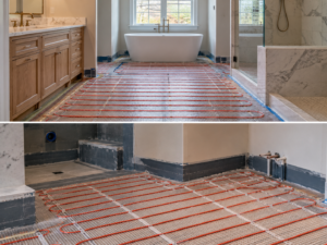 Heated tile bathroom floor installation during a Huntingdon Valley bathroom remodel
