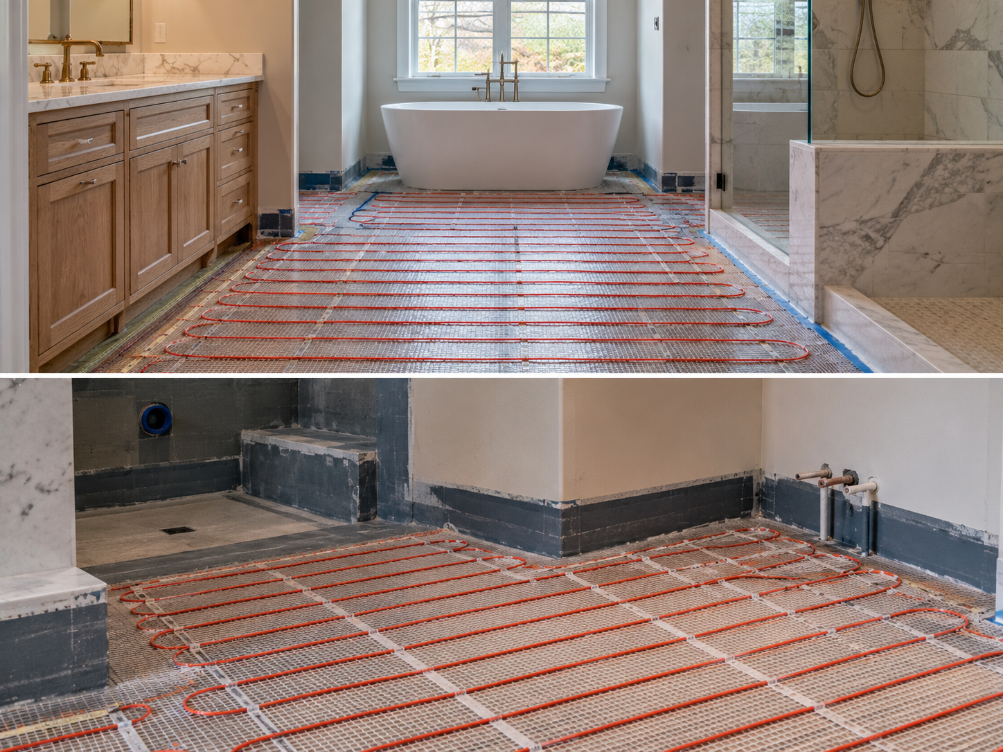 Heated tile bathroom floor installation during a Huntingdon Valley bathroom remodel